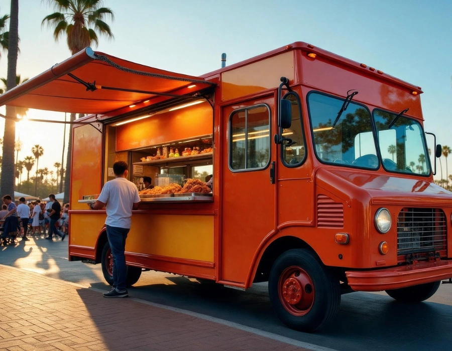 Mexican food truck serving customers in Downtown Los Angeles